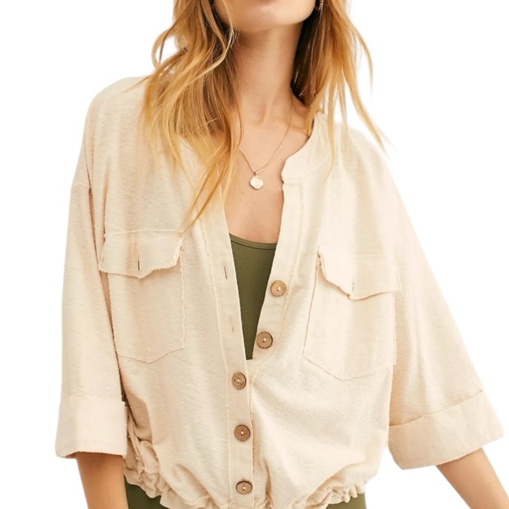 We The Free Linen Button Front 3/4 Sleeve Oversized Blouse Large Ivory - Picture 2 of 8